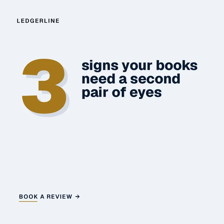 Light blue LinkedIn post for Ledgerline, an accounting firm, with a large gold 3 beside “signs your books need a second pair of eyes”.