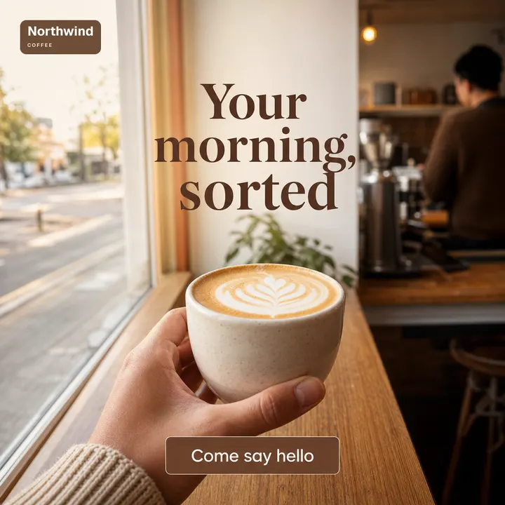 AI-generated lifestyle photo for Northwind Coffee: a hand holding a flat white at a sunny café window, a barista blurred behind, with the headline “Your morning, sorted”, a “Come say hello” button and the Northwind logo.