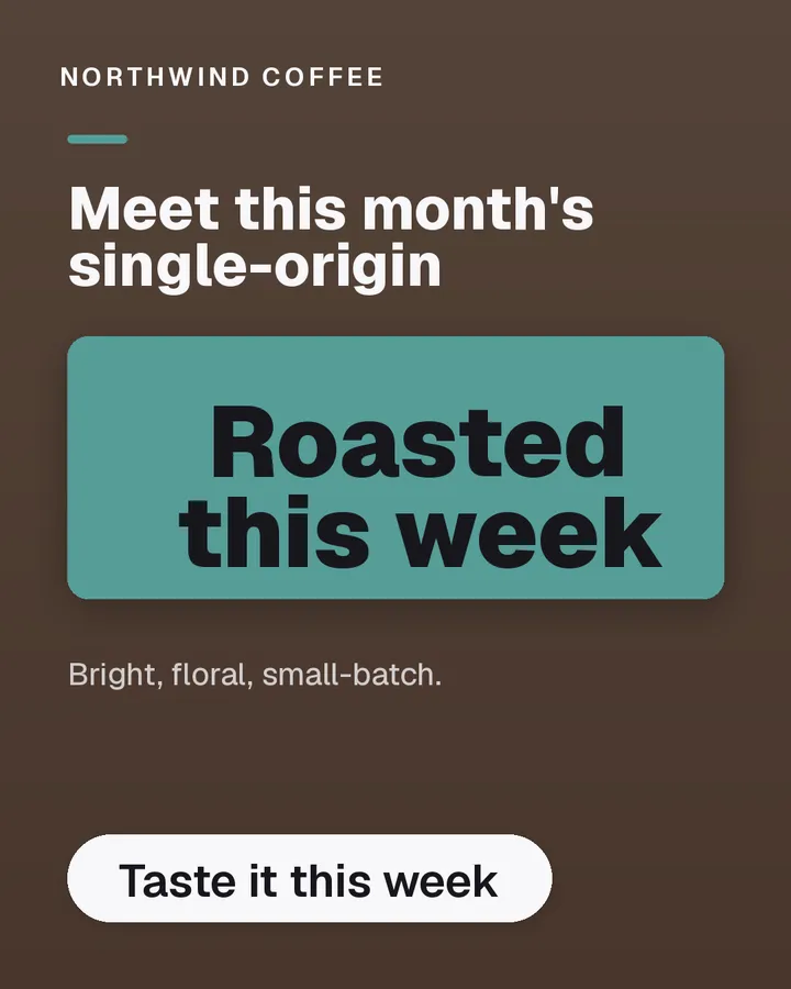 Coffee-brown post for Northwind Coffee: “Meet this month's single-origin”, a teal panel reading “Roasted this week” and a “Taste it this week” button.