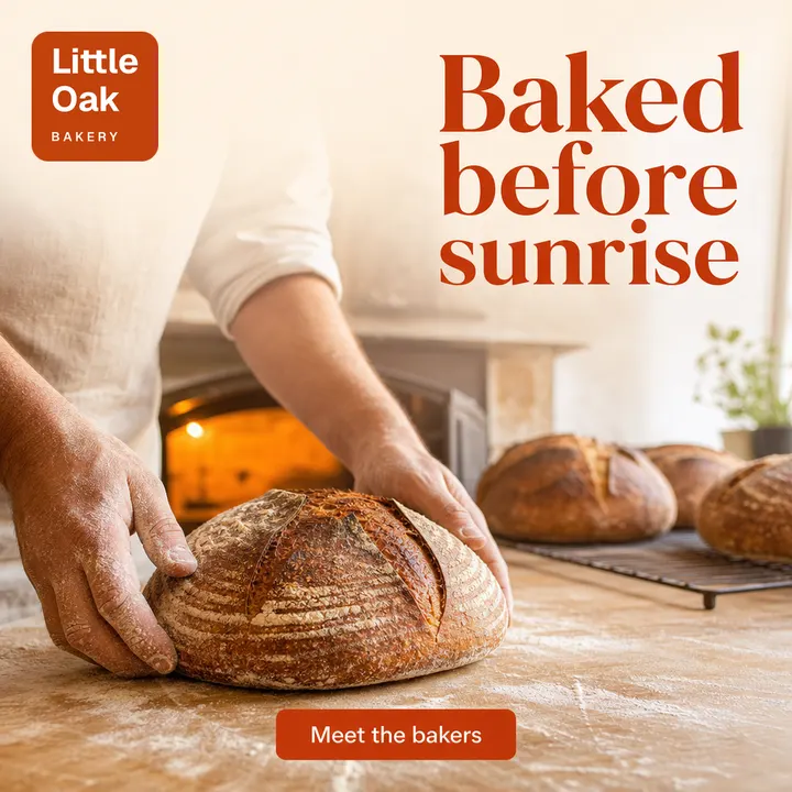 AI-generated lifestyle photo for Little Oak Bakery: a baker's floury hands setting a sourdough loaf on a counter in front of a glowing oven, with the headline “Baked before sunrise”, a “Meet the bakers” button and the Little Oak logo.