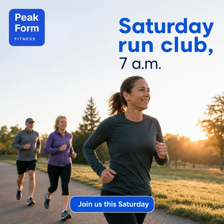 AI-generated lifestyle photo for Peak Form Fitness: three runners of different ages on a park path at sunrise, with the headline “Saturday run club, 7 a.m.”, a “Join us this Saturday” button and the Peak Form logo.